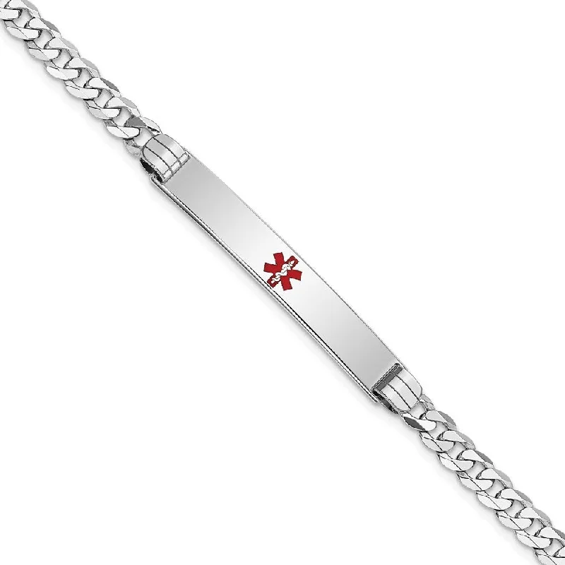 14k White Gold 4.5mm Medical Red Enamel Flat Curb Link ID Bracelet, 7"