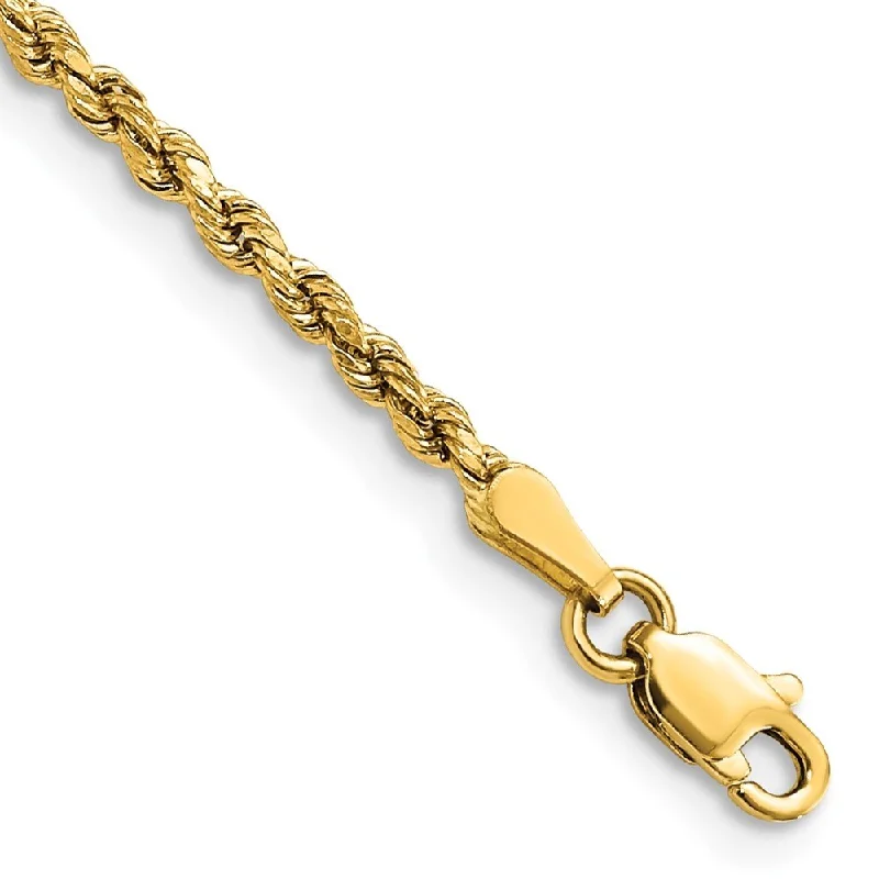 14k Yellow Gold 2.25mm Semi-solid Diamond-Cut Rope Chain Bracelet, 7"