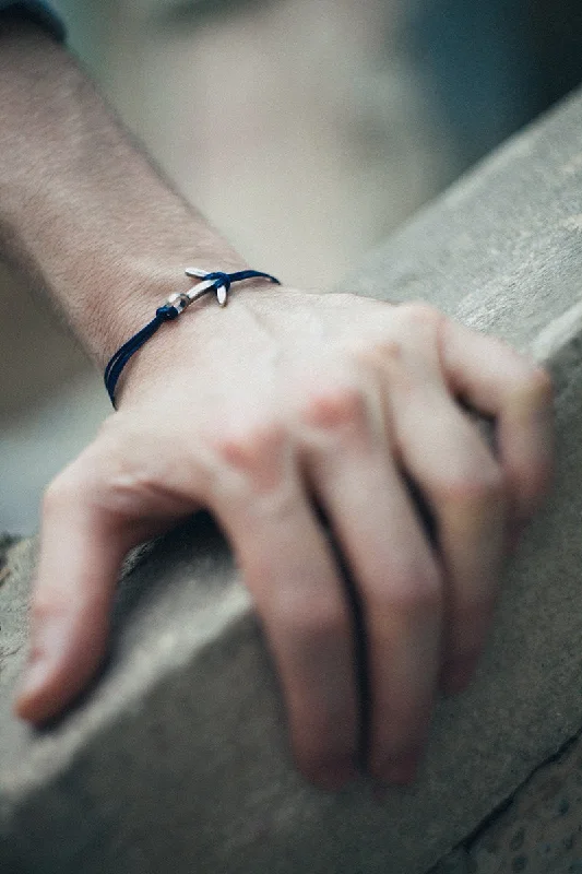 Silver anchor mens bracelet, blue strings, gift for men, nautical