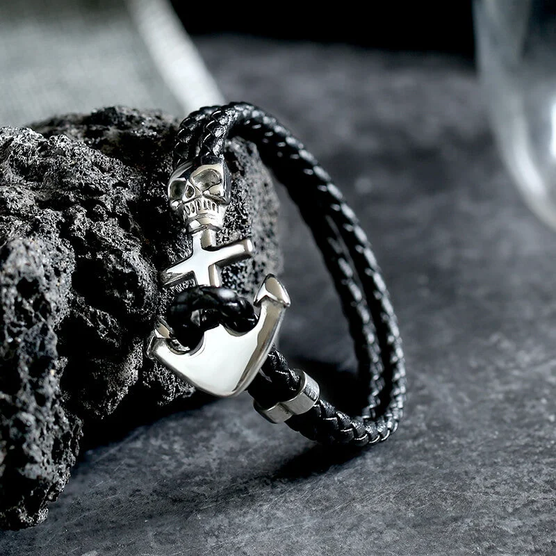 Anchor Skull Double Braided Leather Bracelet