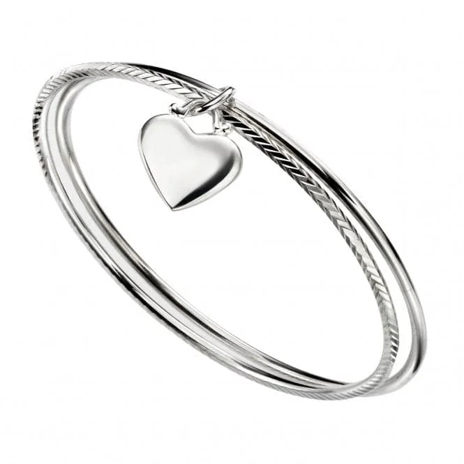 Beginnings Sterling Silver Double Diamond Cut With Heart Bangle B5066