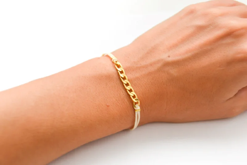 Beige cord bracelet with a gold plated flat chain charm, gift for her, preppy jewelry