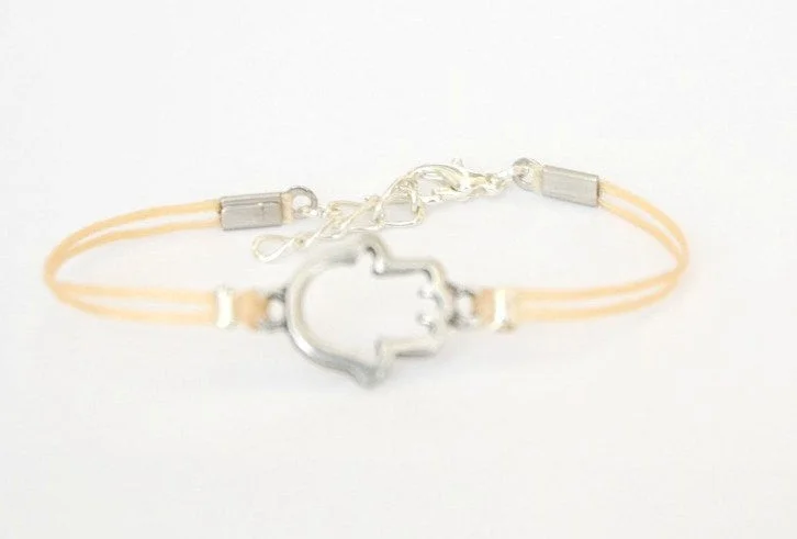 Silver Hamsa bracelet for women, beige cord, spiritual jewelry