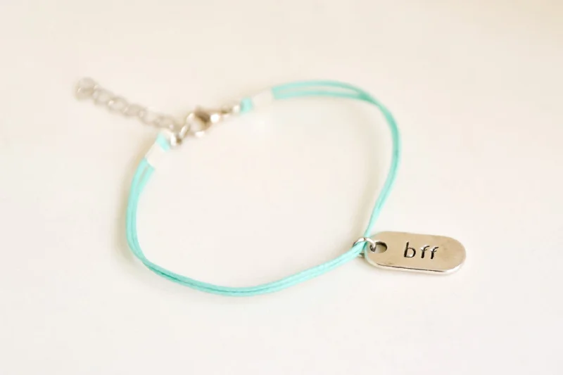 Silver BFF charm bracelet, turquoise cord, teal friendship bracelet