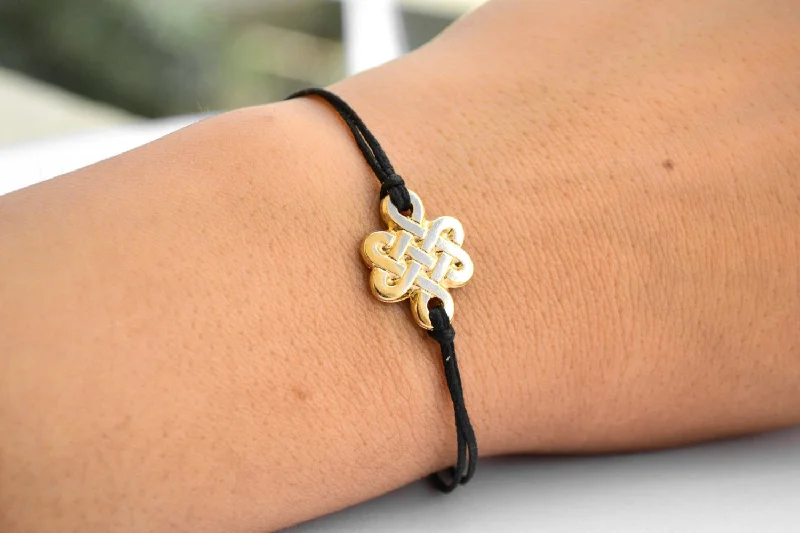 Gold Infinity bracelet for women, endless celtic knot bracelet, black string