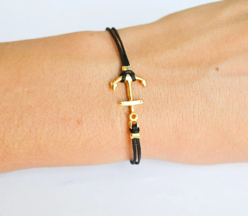 Anchor charm bracelet, gold plated anchor, custom color, mothers day gift, preppy jewelry, black string