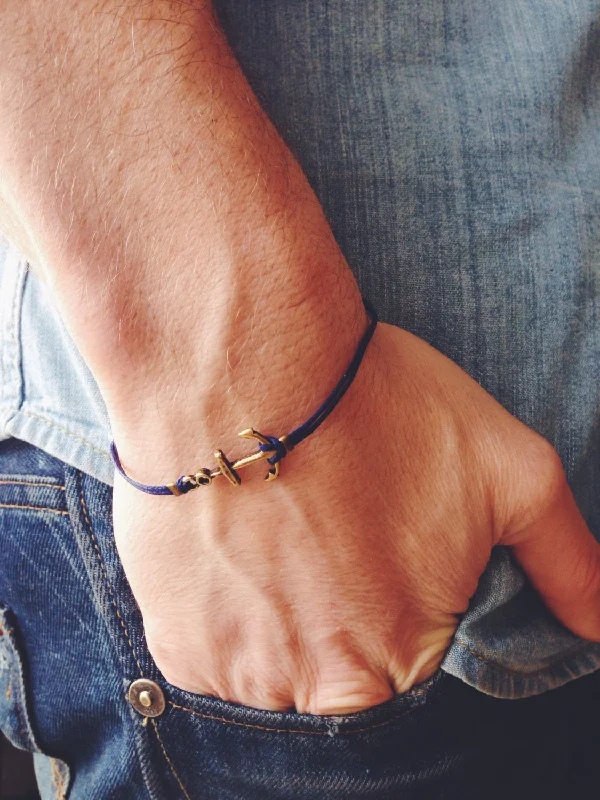 Bronze anchor charm bracelet for men, blue cord, Christmas gift for him