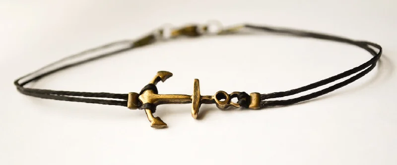 Bronze anchor bracelet for men, black cord, custom color and size, gift for him