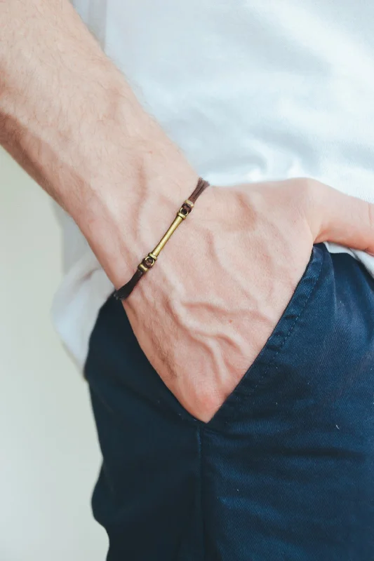 Brown cord bracelet for men with long bronze bar