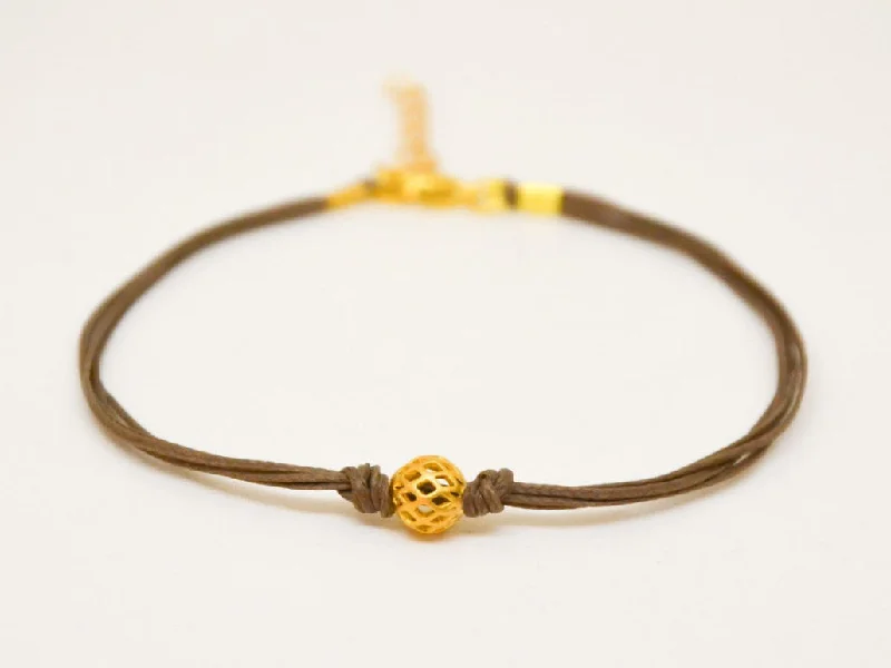 Brown cord bracelet with gold bead, handmade jewelry