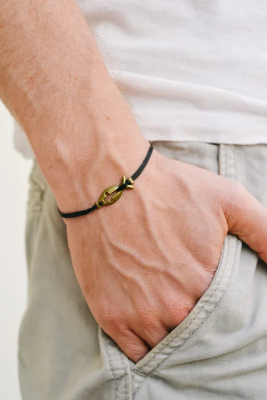 Cross fish bracelet for men, black cord, bronze charm, custom handmade jewelry