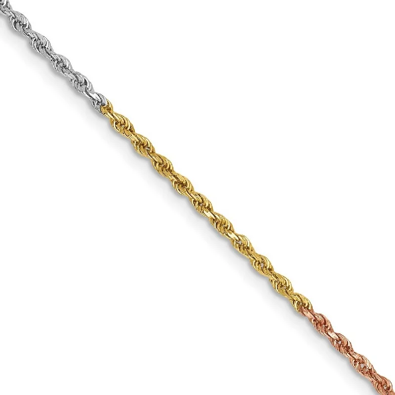 Curata 14k Tri Color Solid Gold 1.5mm Sparkle Cut Rope Chain Bracelet Lobster Claw