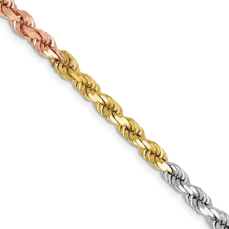 Curata 14k Tri Color Solid Gold 4mm Sparkle Cut Rope Chain Bracelet Lobster Claw