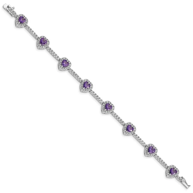 Curata 925 Sterling Silver Polished Safety bar Box Catch Closure Amethyst and Clear CZ Cubic Zirconia Simulated Diamond Love