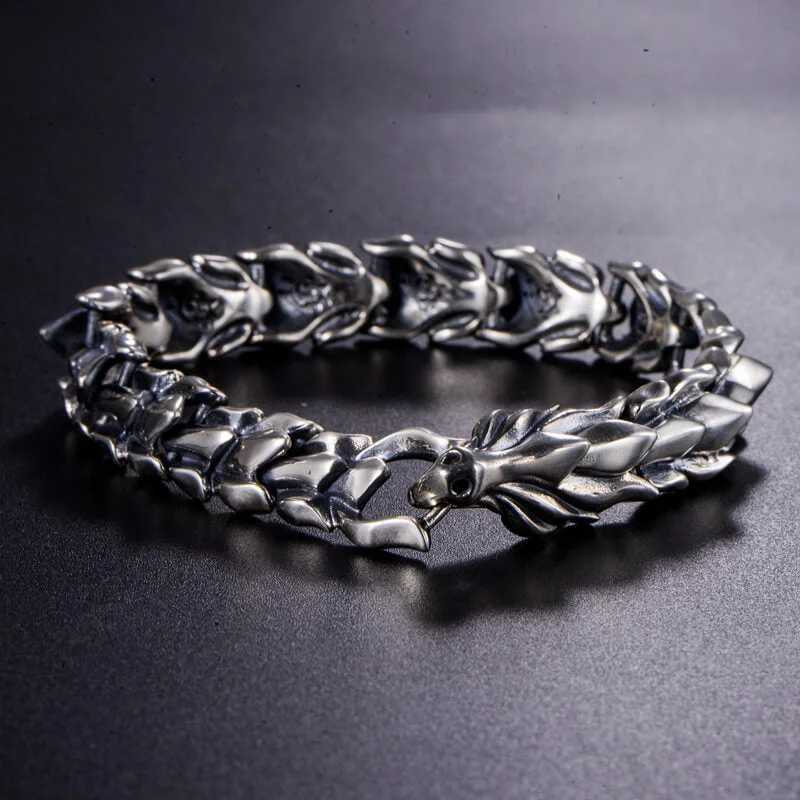 Domineering Dragon Head and Scale Sterling Silver Bracelet