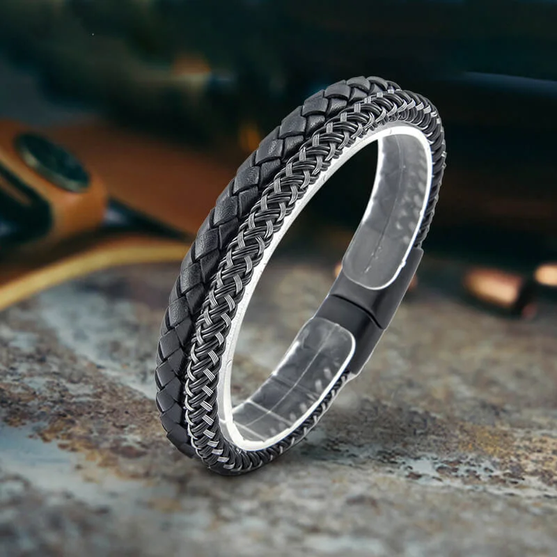 Double Braided Leather Stainless Steel Bracelet