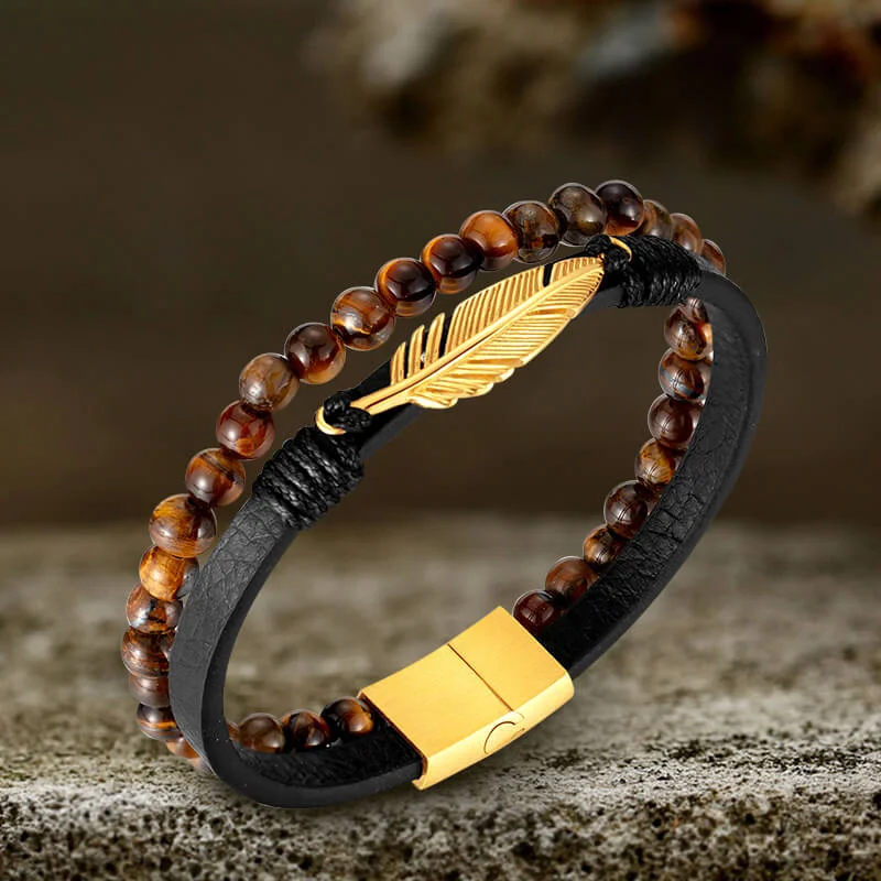 Feather Tiger’s Eye Leather Beaded Bracelet