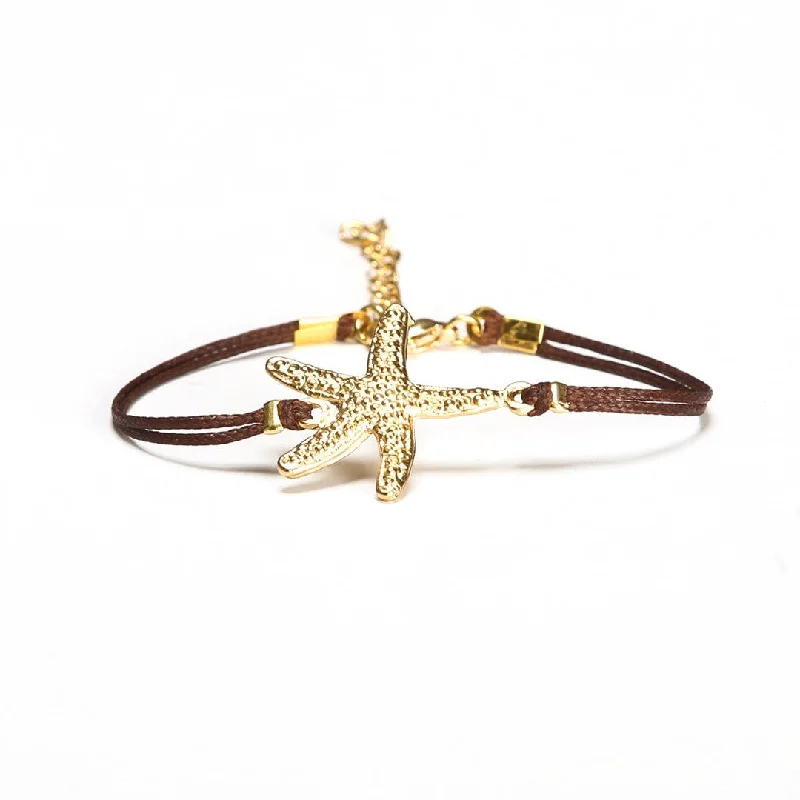 Gold starfish bracelet, brown cord, nautical jewelry