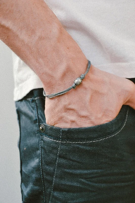 Grey cord bracelet, silver bead charm for men, minimalist jewelry for him