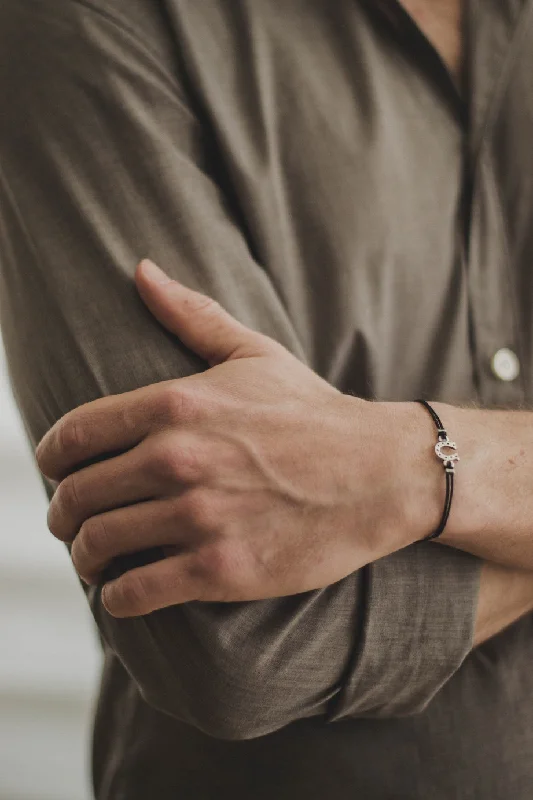 Silver Horseshoe bracelet for men, black cords