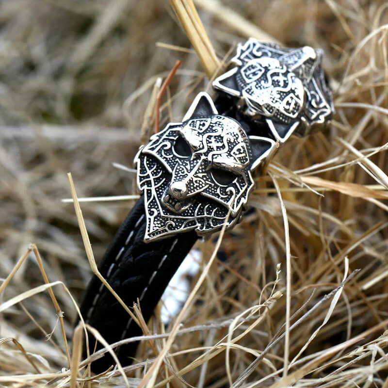 Nordic Wolf Stainless Steel Leather Viking Bracelet