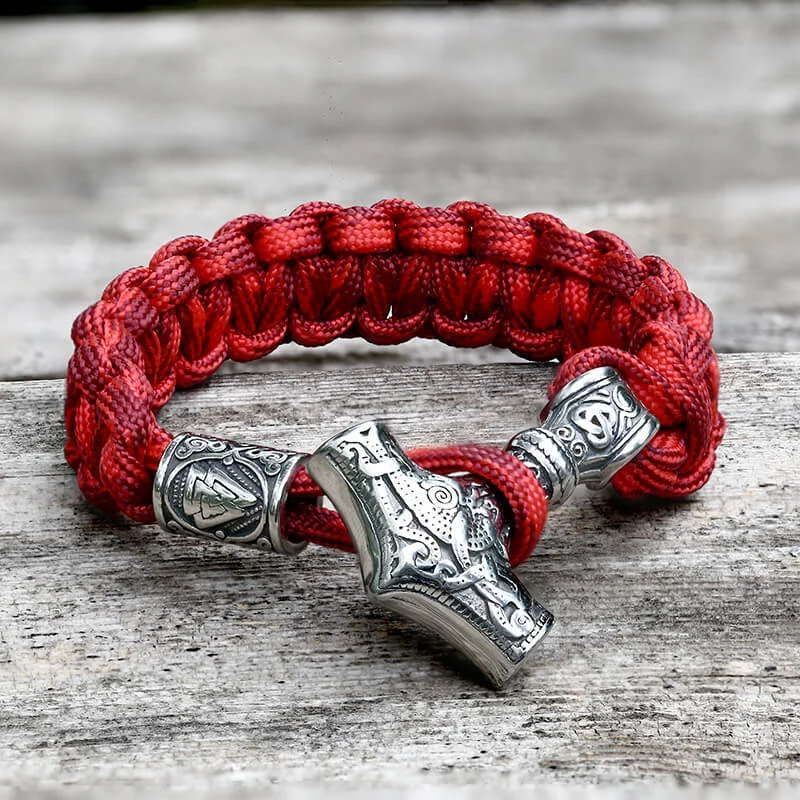 Red Thor’s Hammer Valknut Stainless Steel Paracord Bracelet