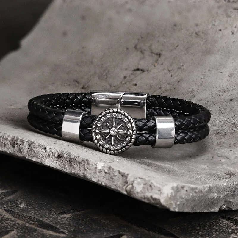 Rudder Stainless Steel Leather Marine Bracelet