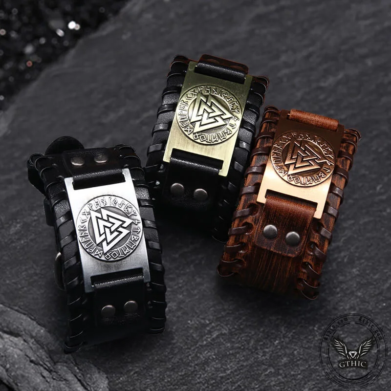 Runes Valknut Wristband Alloy Leather Viking Bracelet