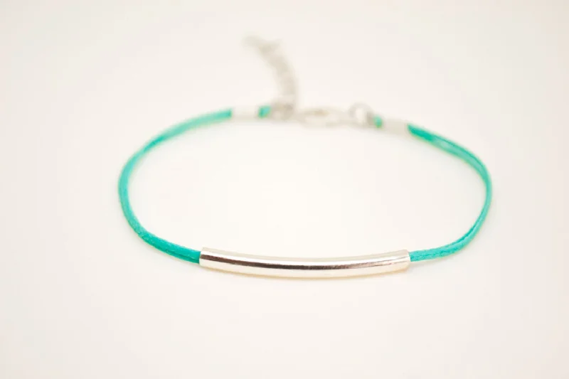 Silver bar bracelet, turquoise cord, minimalist gift for her