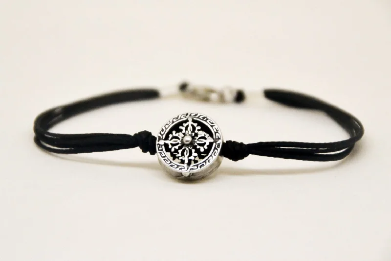 Silver circle bracelet for men, black cord