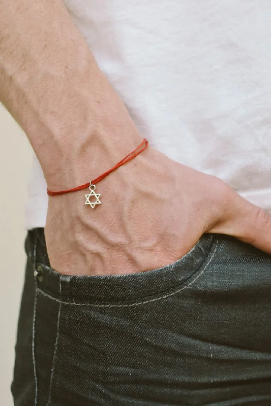 Silver Star of David charm bracelet for men, red cord, Jewish gift for him, custom color