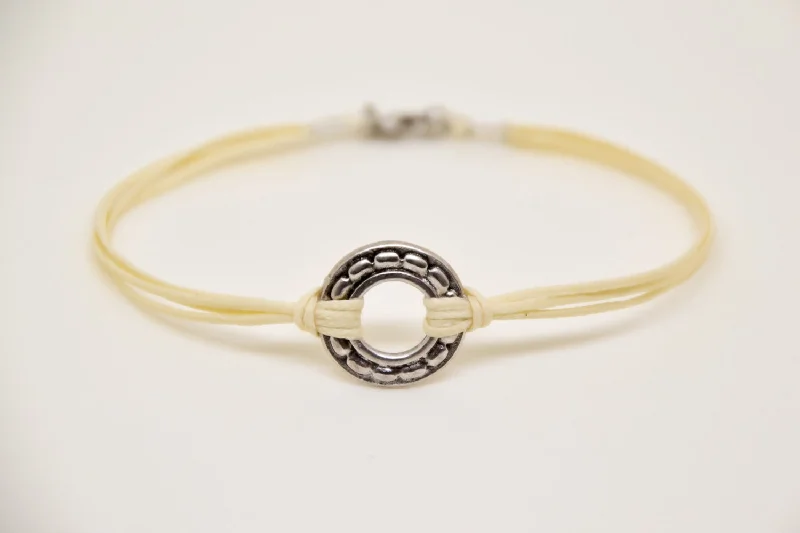 silver karma bracelet for men, beige cord, gift for him