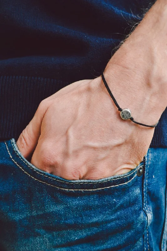 Silver circle bead bracelet for men, black cord, gift for him, custom size and color, handmade