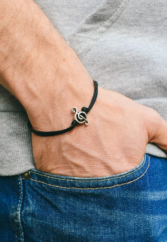 Silver Treble clef bracelet for men, black cords