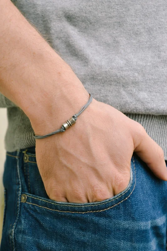 Silver tube bead bracelet for men, gray cord, gift for him