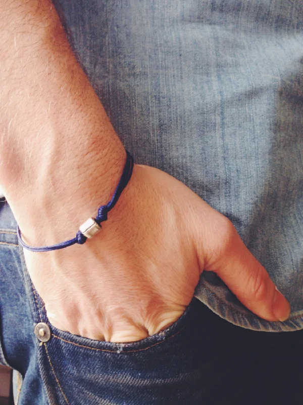 Silver tube bead bracelet for men with a blue cord, gift for him