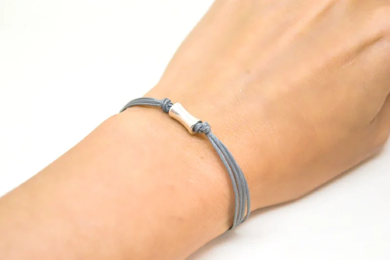 Silver bead bracelet, gray cord, gift for her