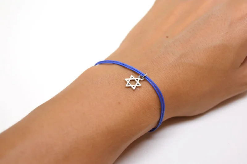 Silver Star of David bracelet, blue cord, handmade Jewish gift for her