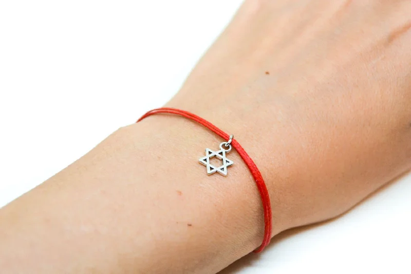 Silver Star of David bracelet, red cord, handmade gift for her