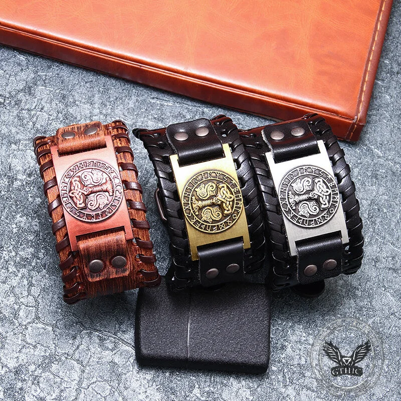 Thor’s Hammer Runes Alloy Leather Viking Bracelet