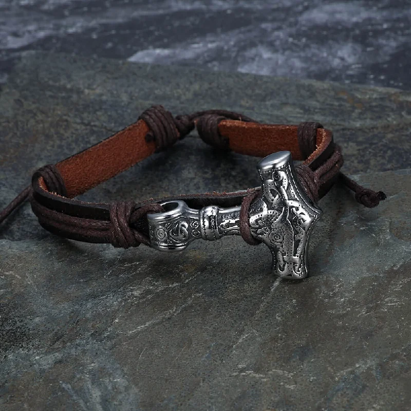 Thor’s Hammer Stainless Steel Leather Viking Bracelet