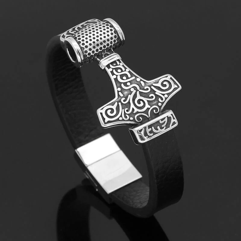 Thor’s Hammer Viking Totem Stainless Steel Leather Bracelet