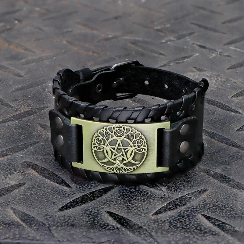 Triple Moon Tree Of Life Leather Viking Bracelet