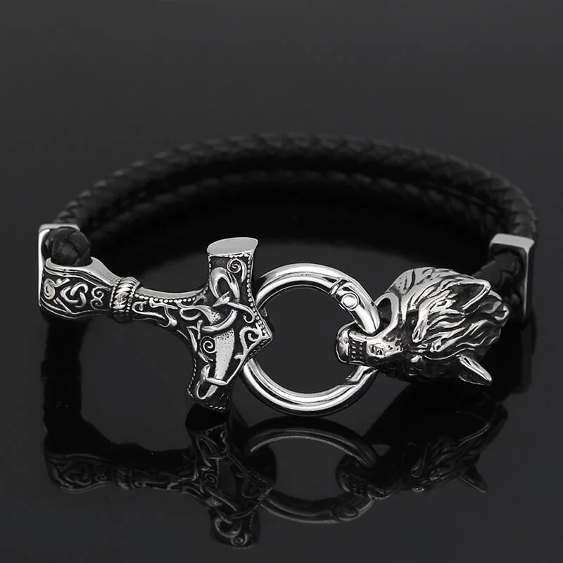 Viking Wolf Head Stainless Steel Leather Bracelet