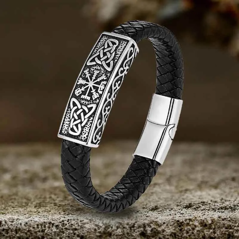 Vintage Viking Rune Stainless Steel Leather Bracelet