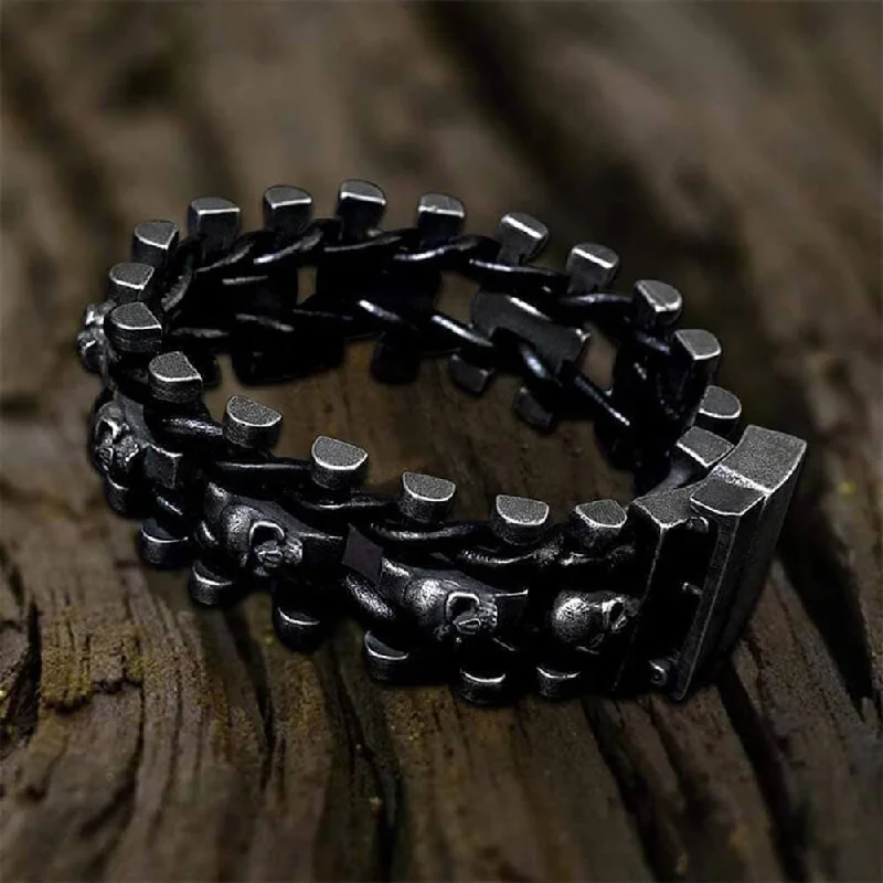 Vintage Woven Leather Stainless Steel Skull Bracelet