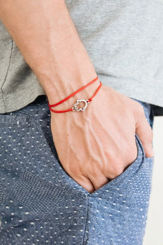 Wrapped silver Hamsa bracelet for men, red cord, Kabbalah jewelry