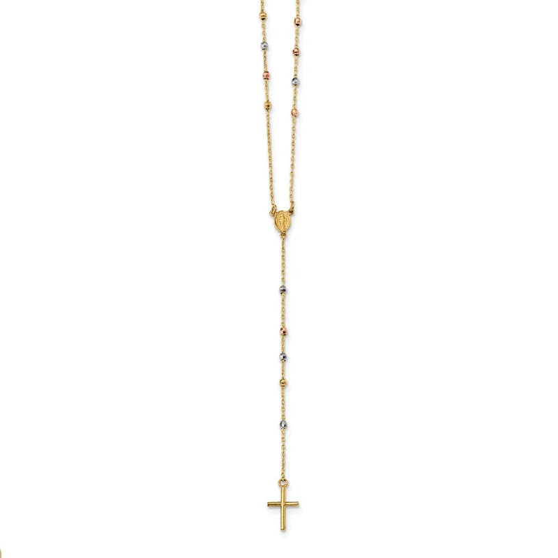 14k Tri-Color Gold Slip-On Miraculous & Cross Rosary Necklace, 24 Inch