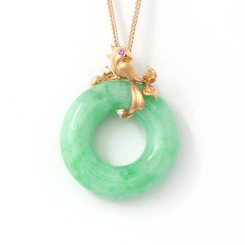 18k Rose Gold Genuine Burmese Jadeite Lucky Kou Kou Pendant Necklace With AA Ruby