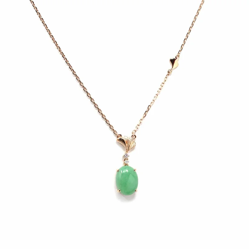 18k Rose Gold Jadeite Jade Diamond Pendant Necklace Ginkgo Leaf